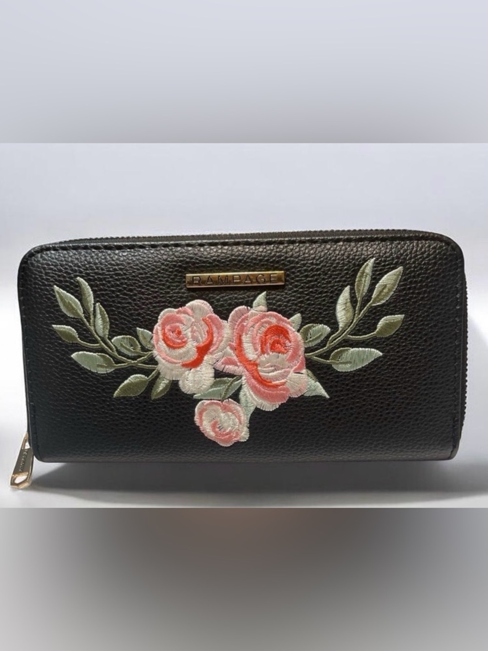 Rampage Black Wallet with Pink Floral Embroidery